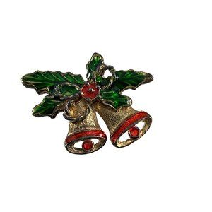 Vintage Christmas Pin Brooch Gold Tone Green Red Enamel Holly Bells 1.75" Across